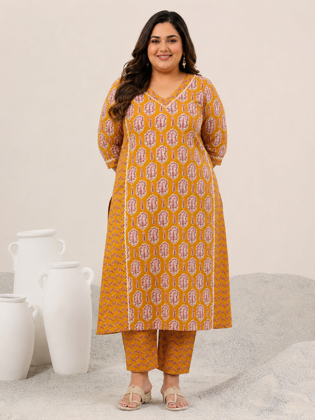 Plus Size Mustard Printed Cotton Straight Kurta Set