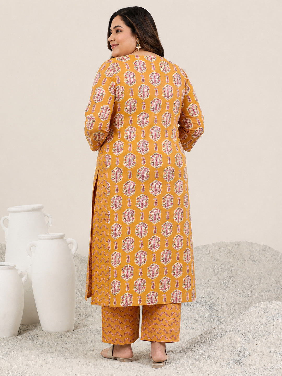 Plus Size Mustard Printed Cotton Straight Kurta Set
