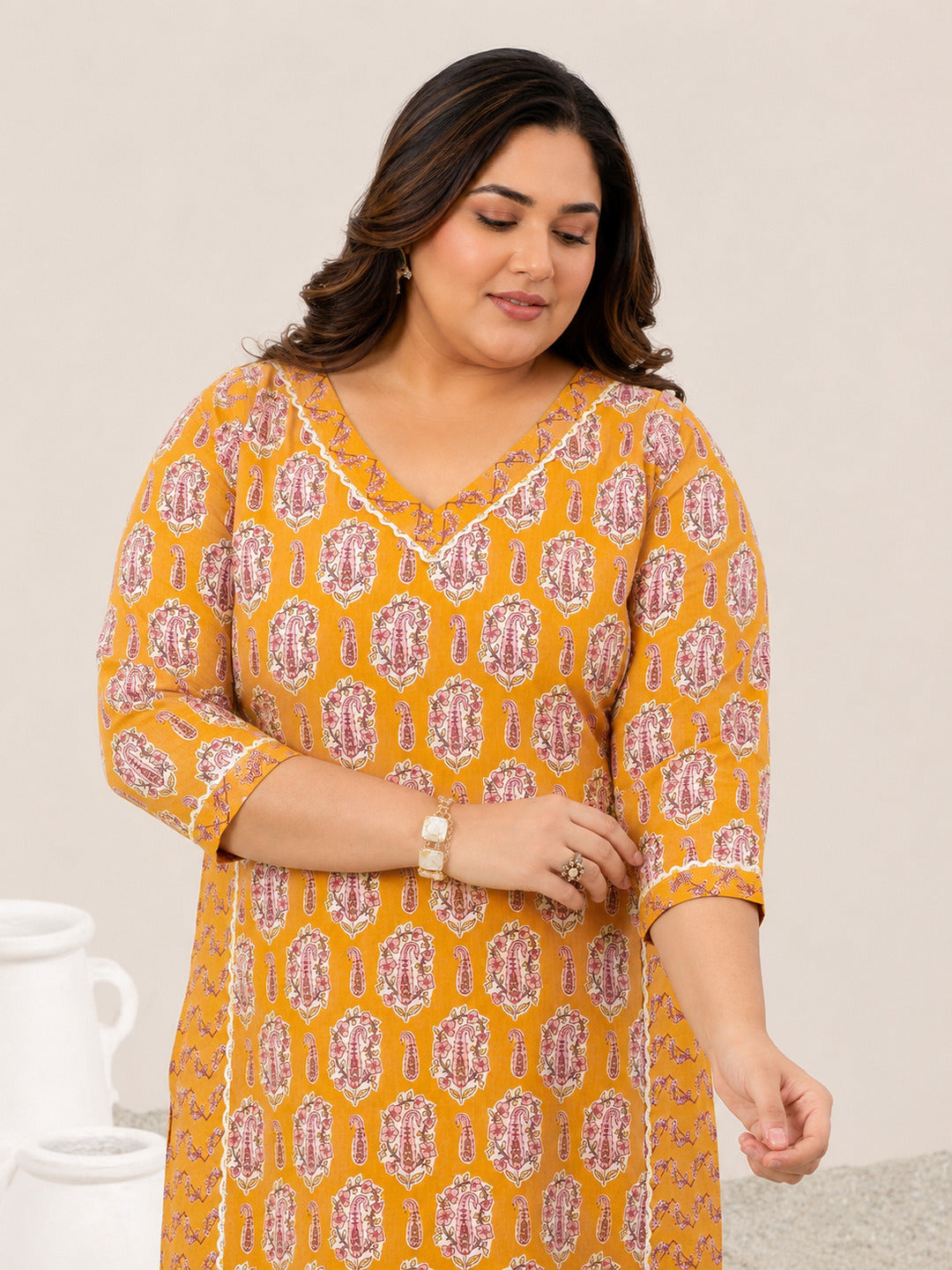 Plus Size Mustard Printed Cotton Straight Kurta Set