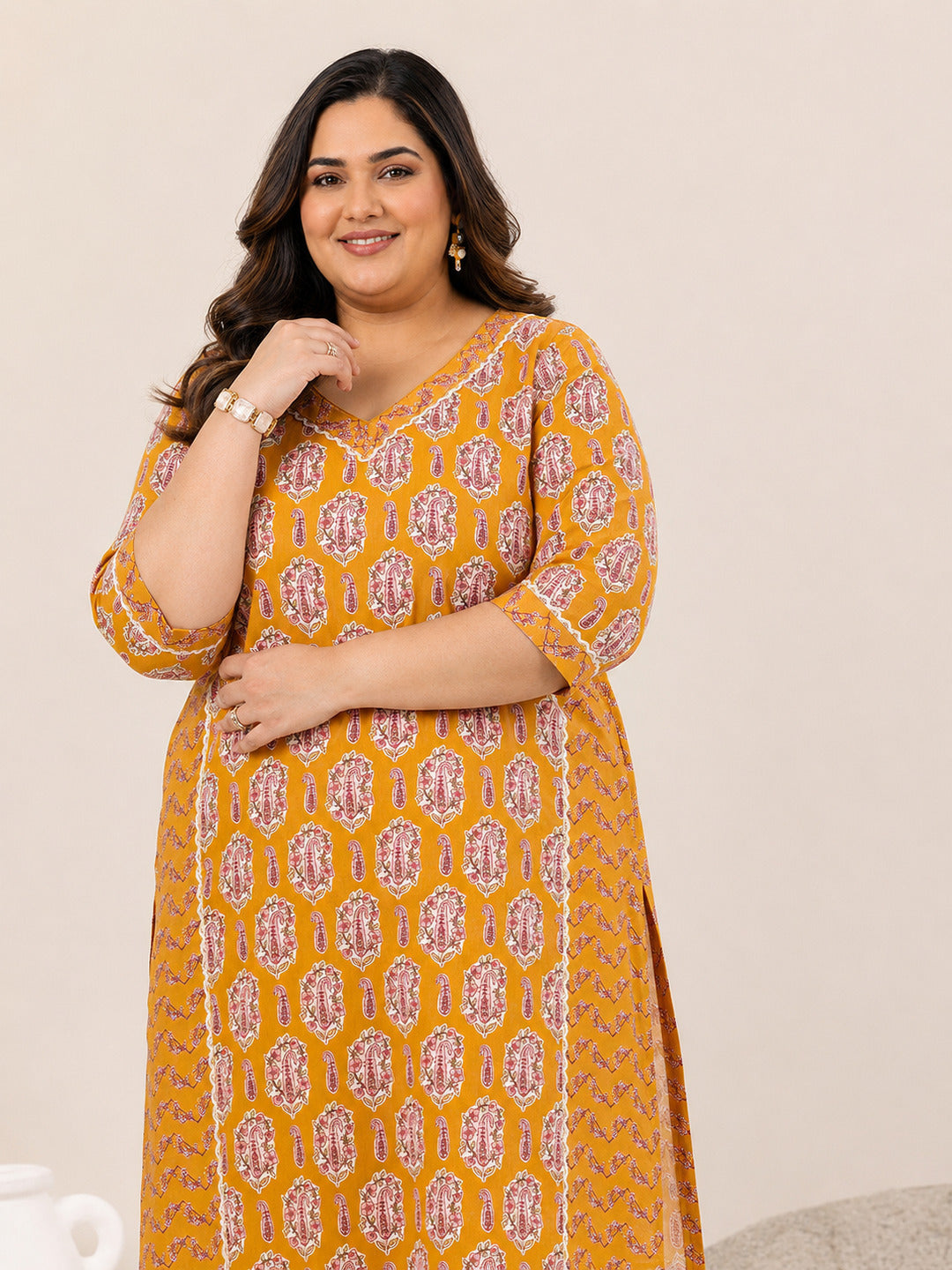 Plus Size Mustard Printed Cotton Straight Kurta Set