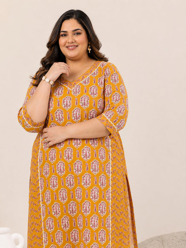Plus Size Mustard Printed Cotton Straight Kurta Set