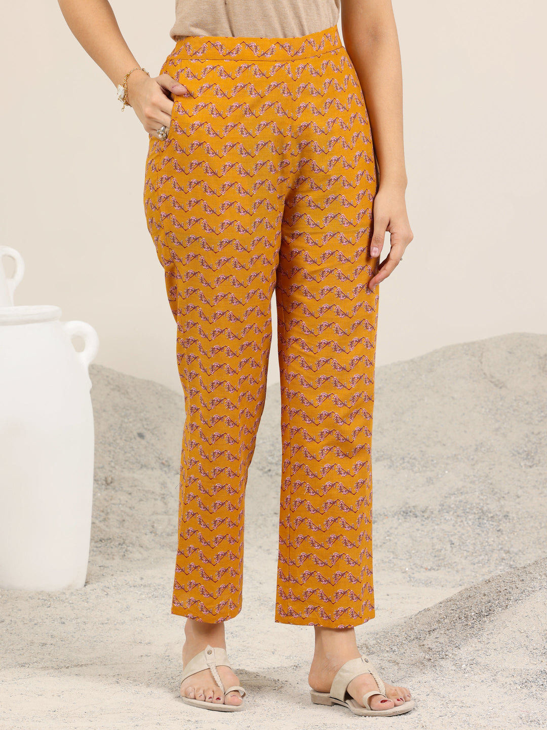 Mustard Printed Pure Cotton Straight Kurta Set