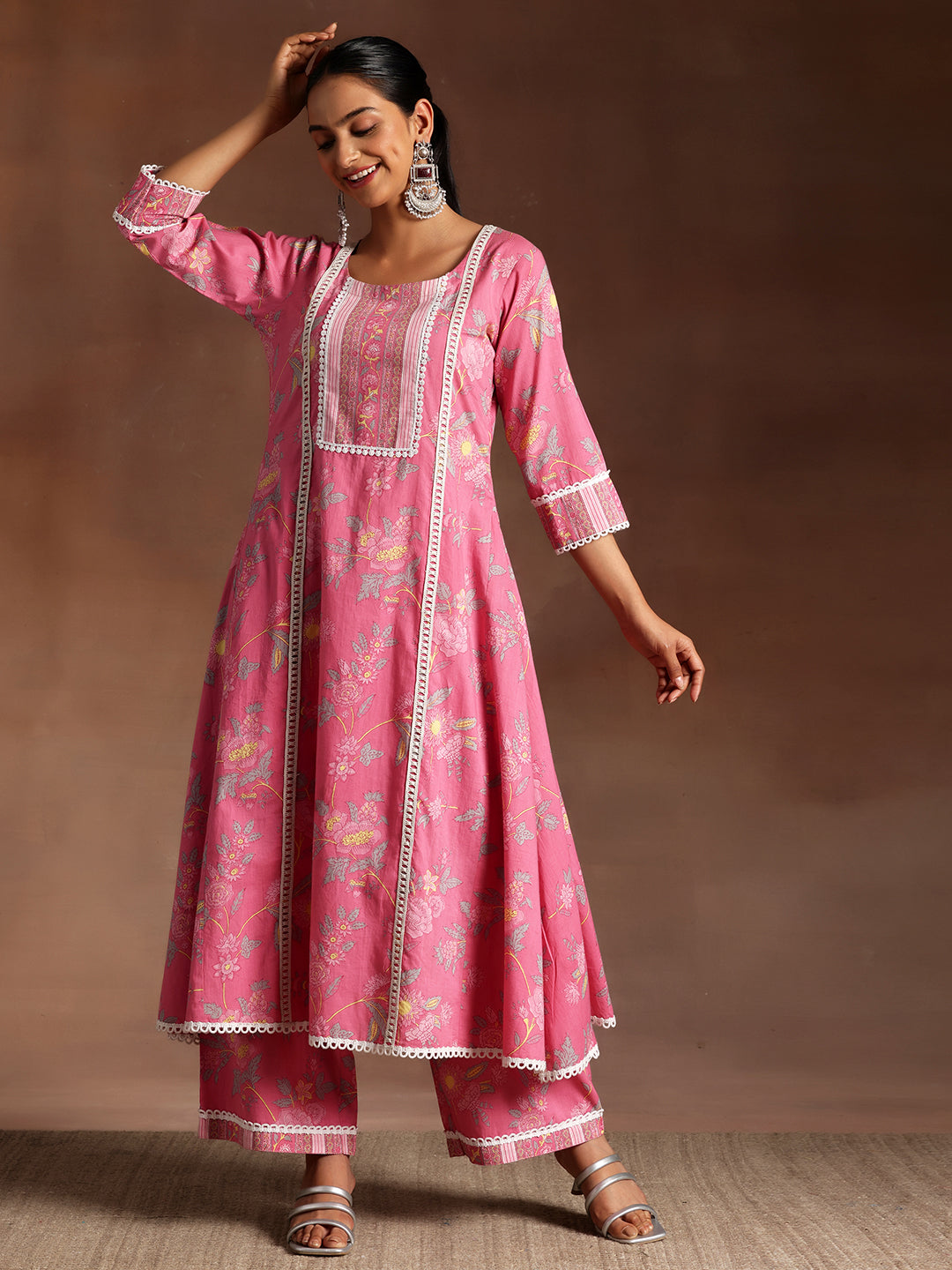 Rukhsaar Pink Printed Cotton A-Line Kurta With Palazzos