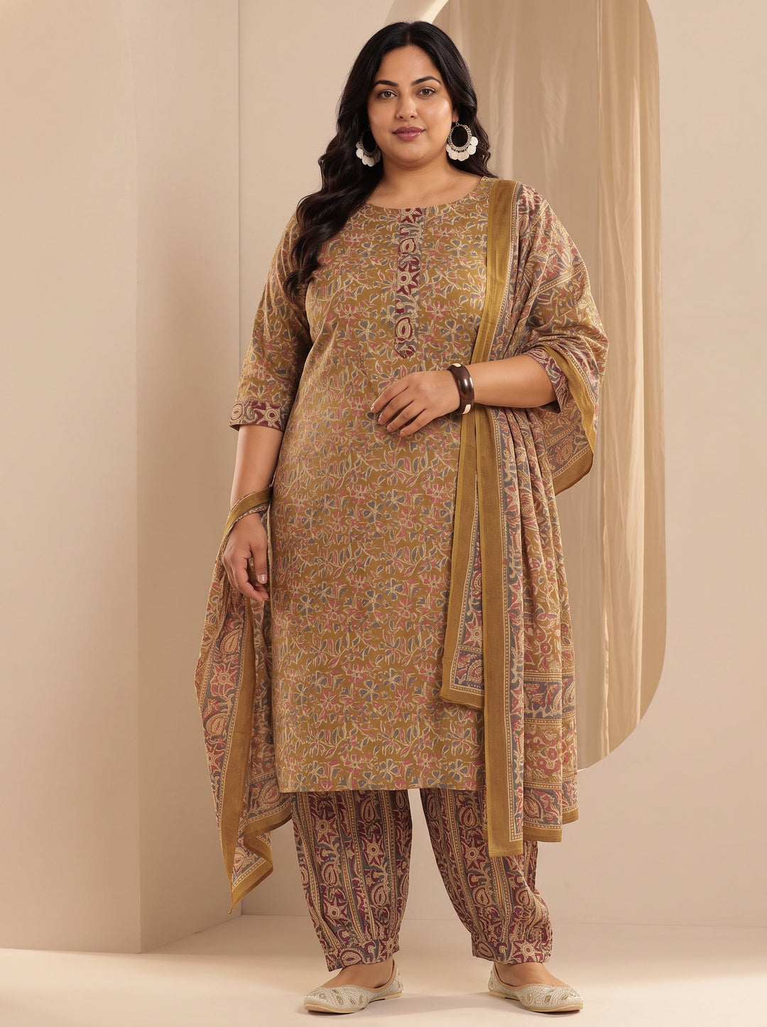 Plus Size Mustard Printed Cotton Straight Suit With Dupatta