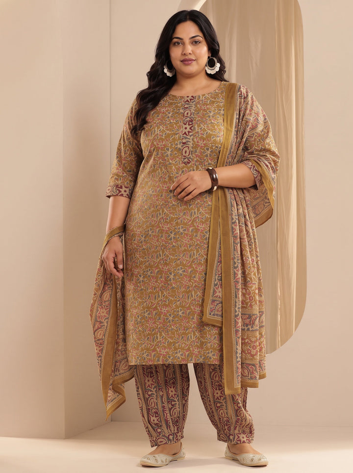 Plus Size Mustard Printed Cotton Straight Suit With Dupatta