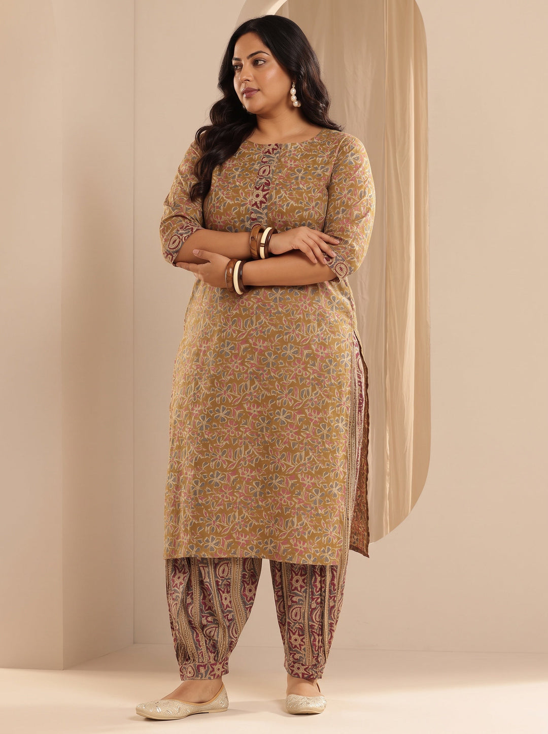 Plus Size Mustard Printed Cotton Straight Suit With Dupatta