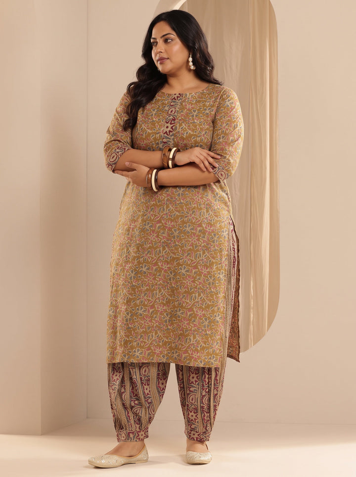 Plus Size Mustard Printed Cotton Straight Suit With Dupatta