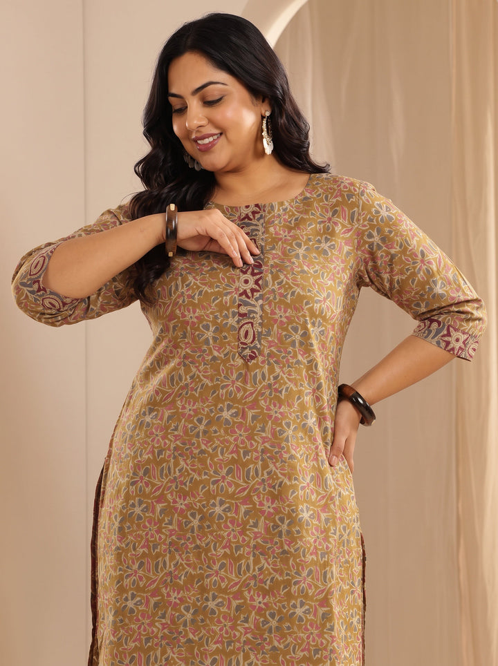 Plus Size Mustard Printed Cotton Straight Suit With Dupatta