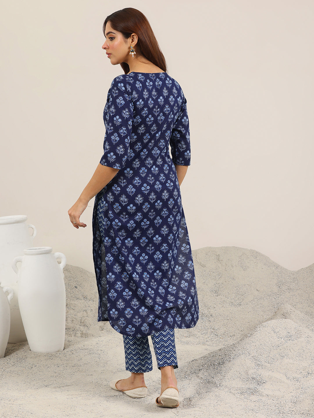 Blue Printed Cotton Straight Kurta Set