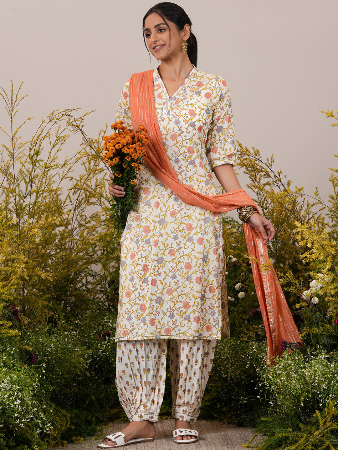 Off White Printed Cotton Straight Suit With Dupatta