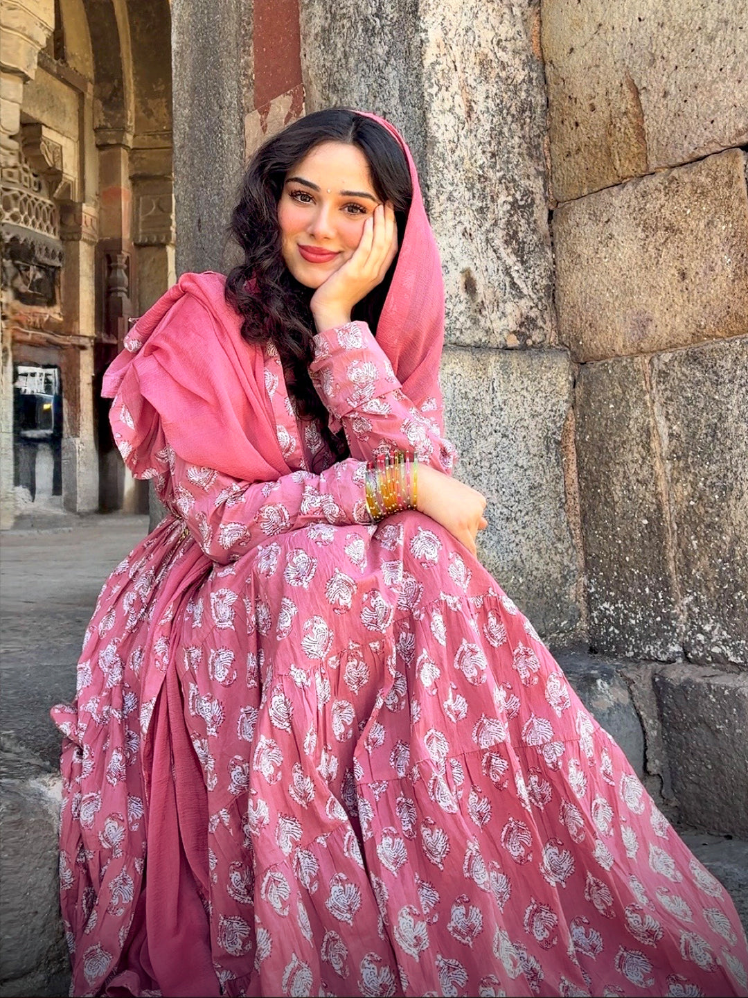Libas Mauve Printed Cotton Anarkali Suit Set With Dupatta