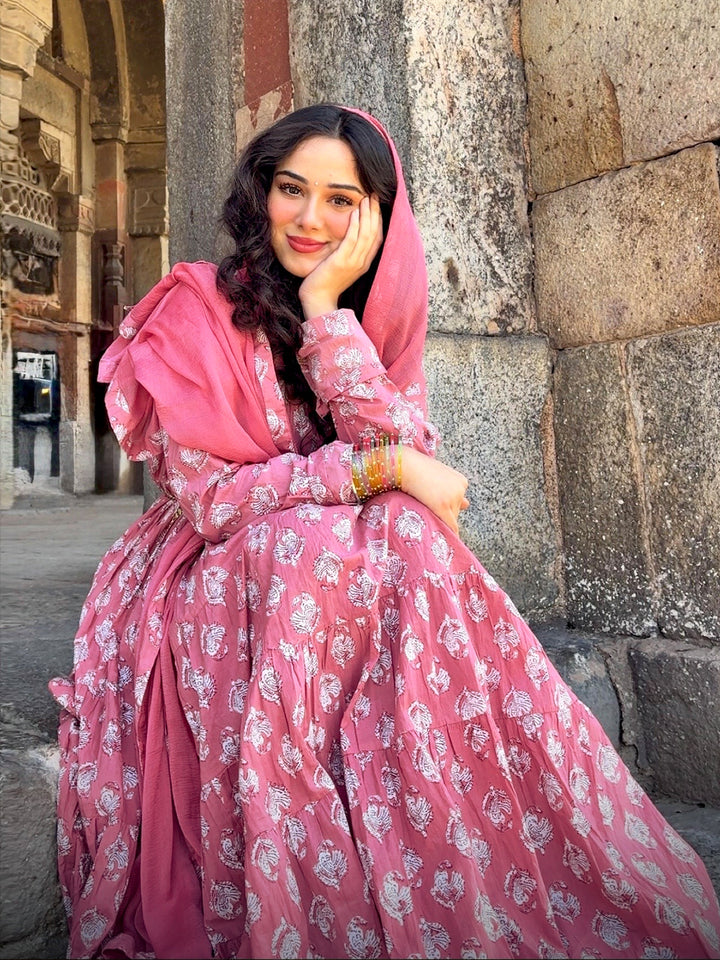 Mauve Printed Cotton Anarkali Suit Set With Dupatta