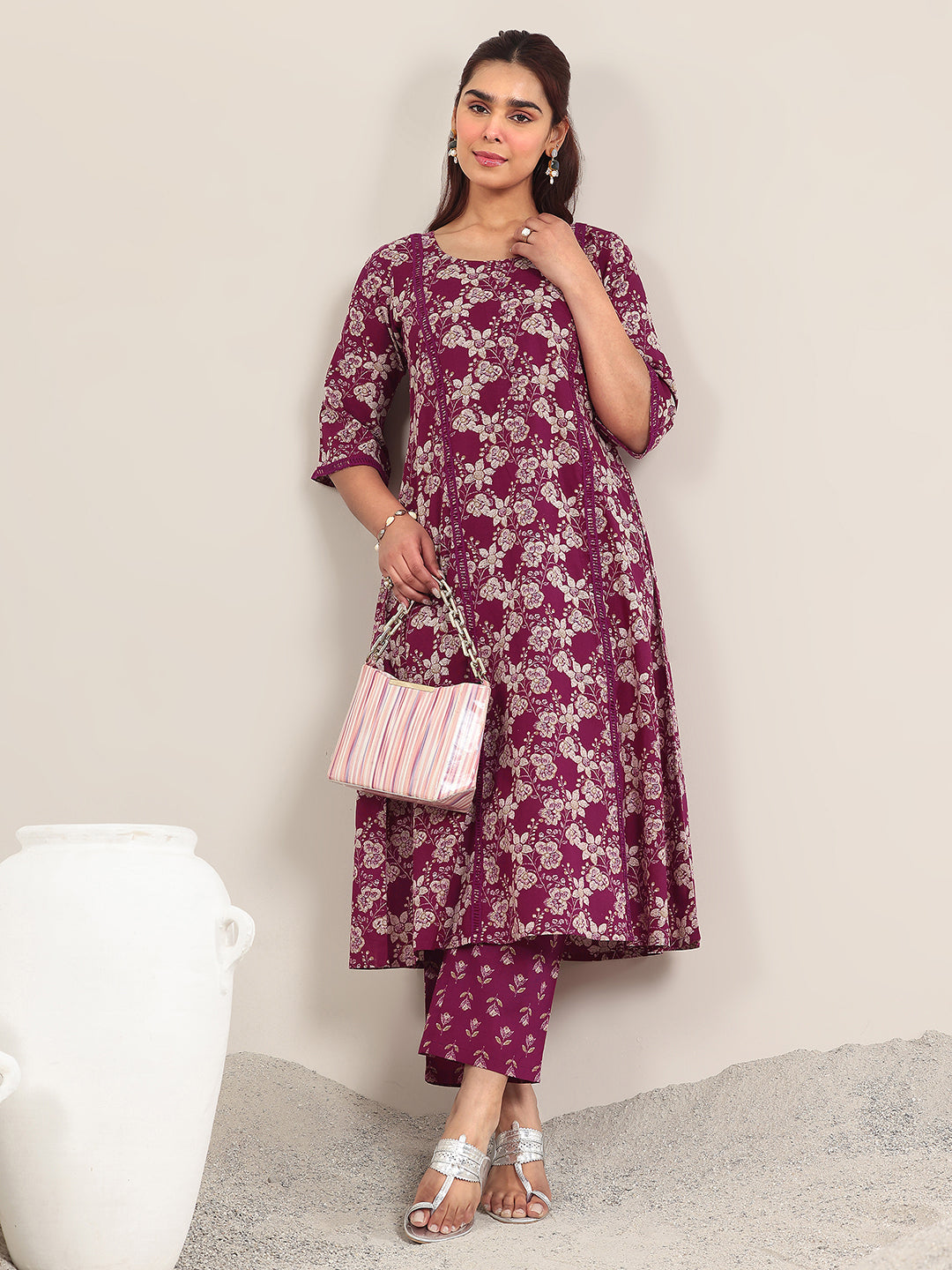 Maroon Printed Cotton A-Line Kurta Set