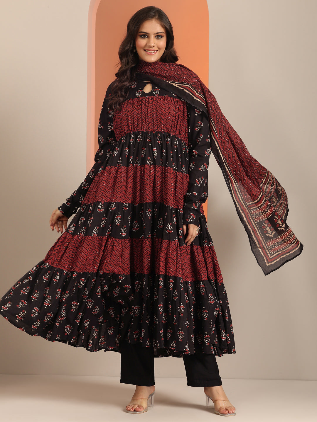 Black Printed Cotton Anarkali Suit With Dupatta