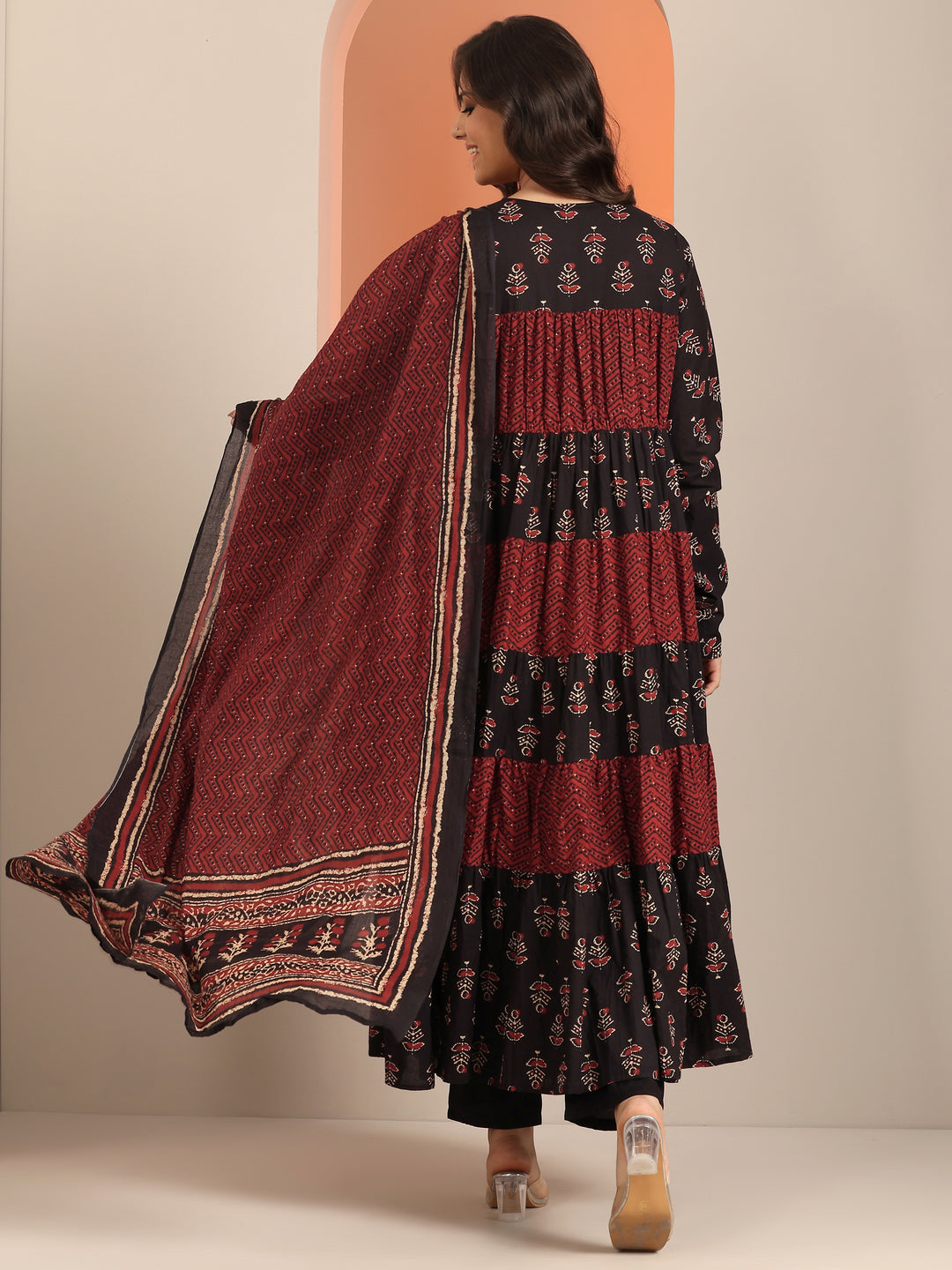 Black Printed Cotton Anarkali Suit Set With Dupatta