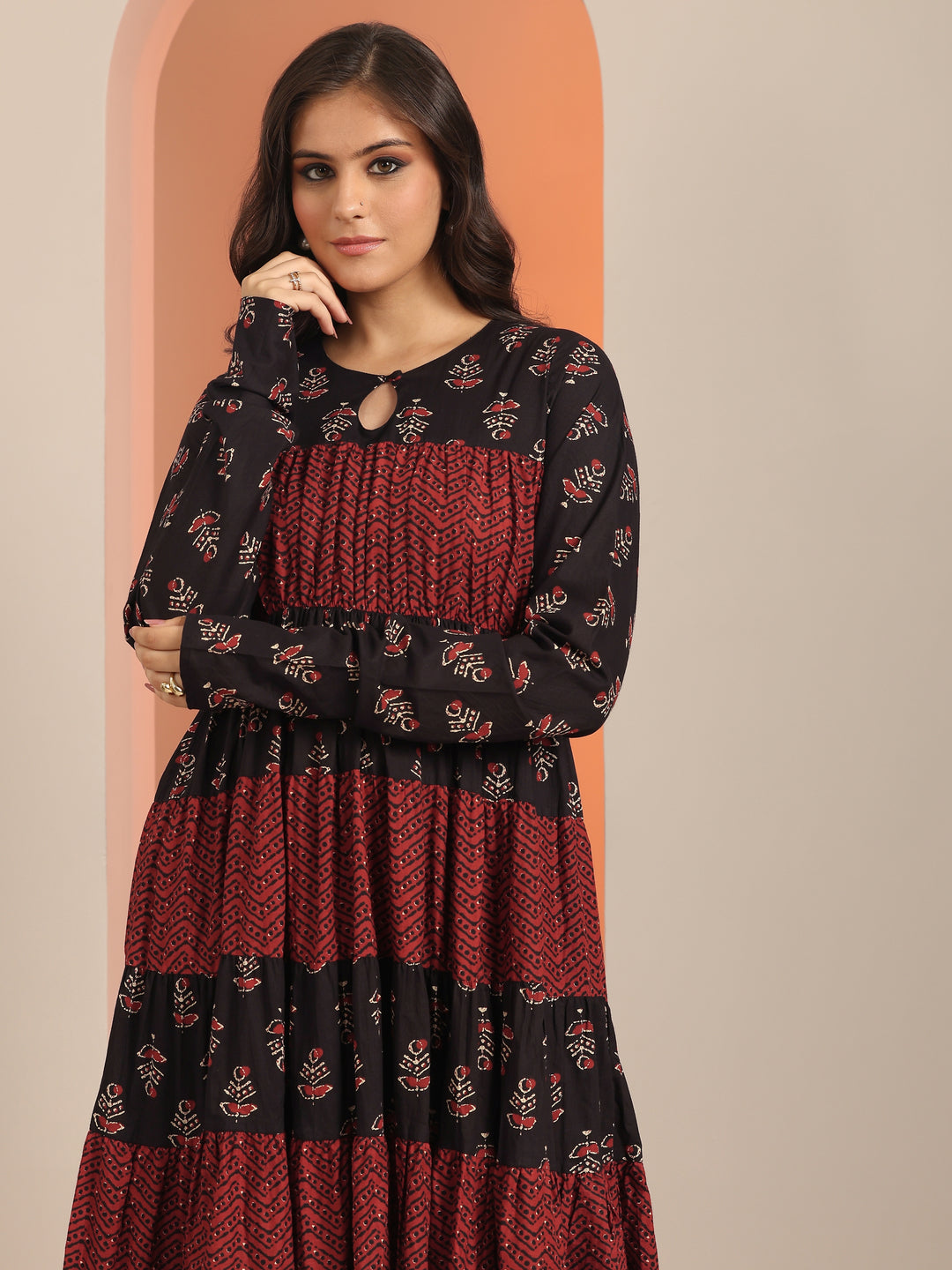 Black Printed Cotton Anarkali Suit Set With Dupatta