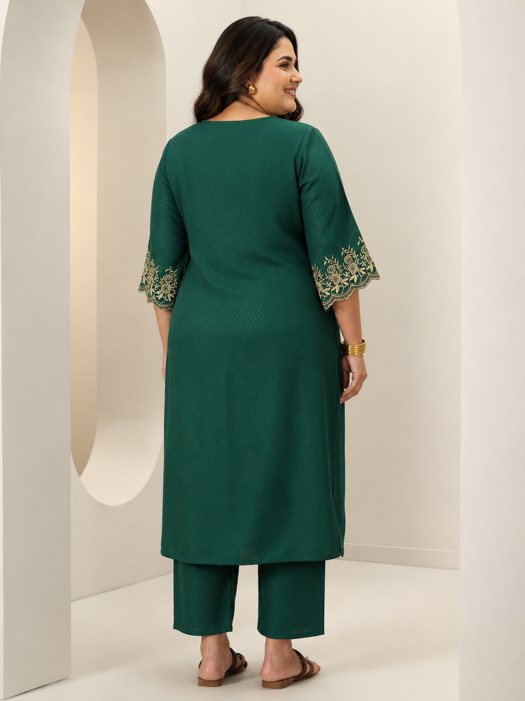Plus Size Green Self Design Rayon Straight Kurta Set