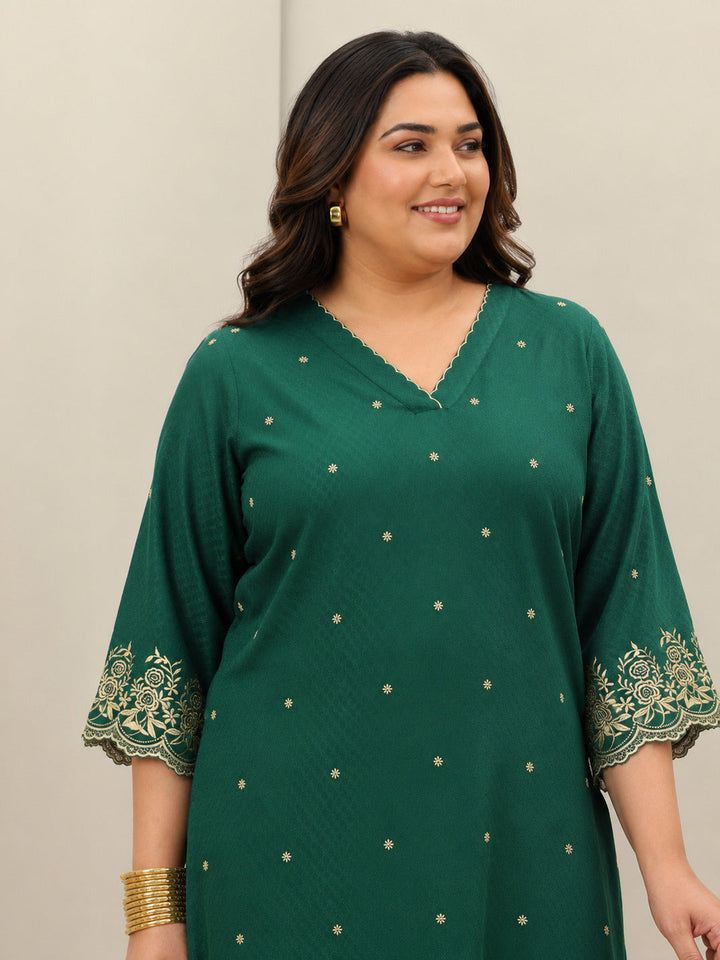 Plus Size Green Self Design Rayon Straight Kurta Set
