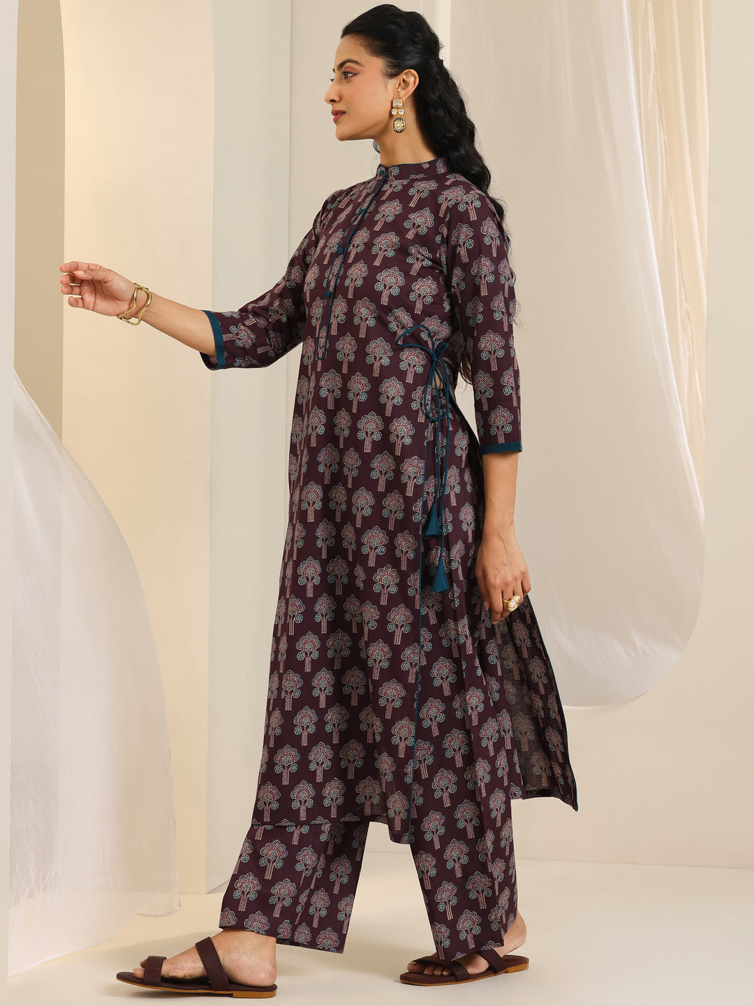 Wine Printed Cotton Straight Kurta Set