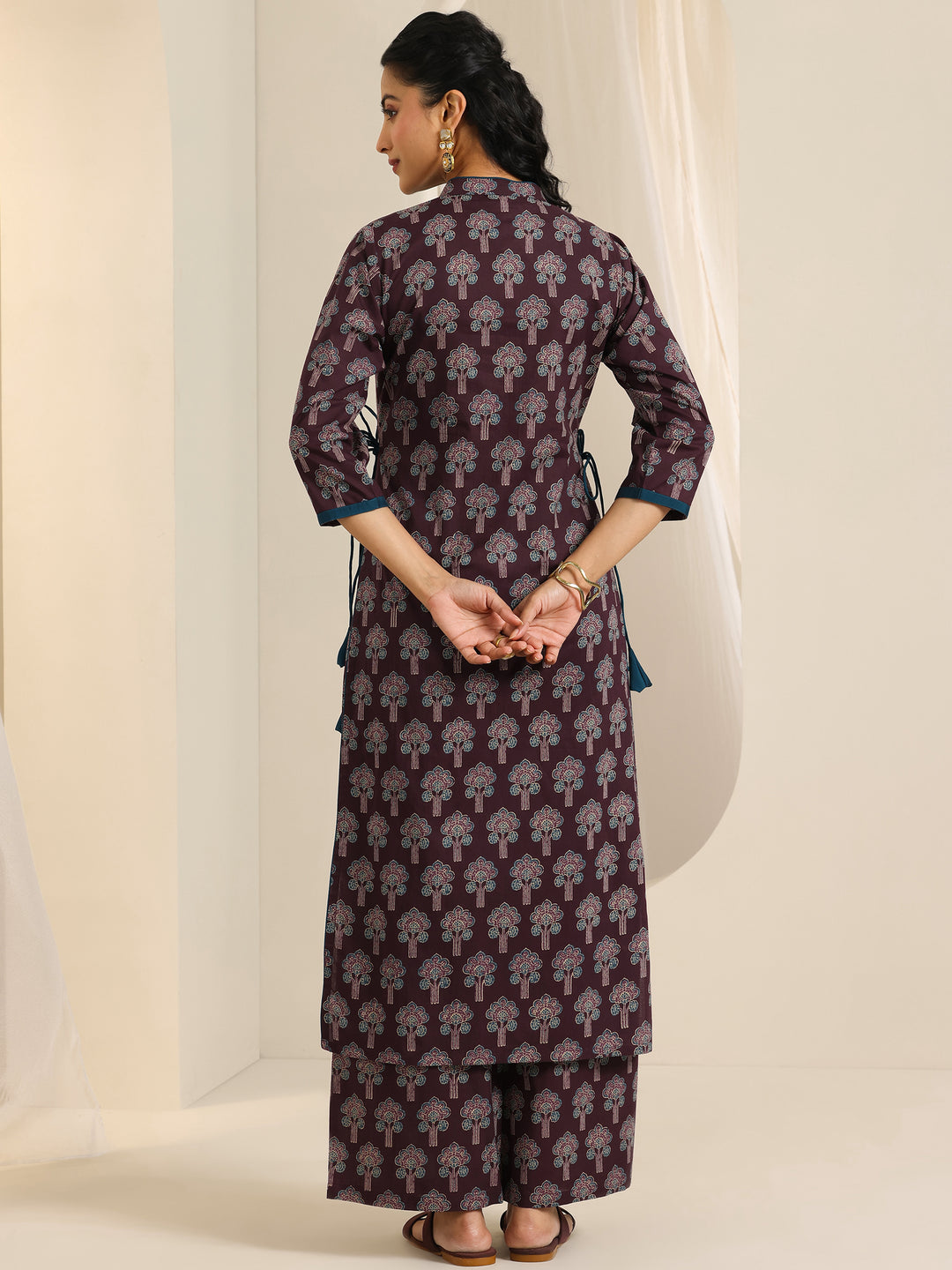 Wine Printed Cotton Straight Kurta Set