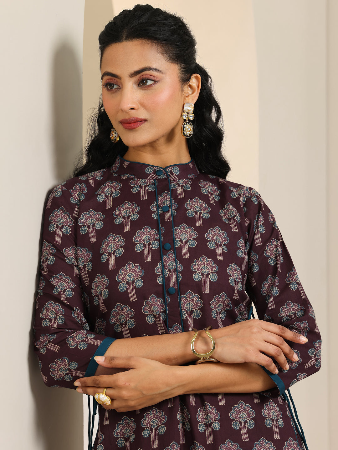 Wine Printed Cotton Straight Kurta Set