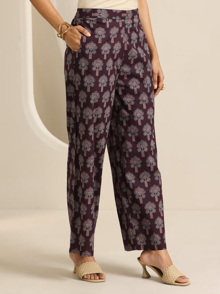 Wine Printed Cotton Straight Kurta Set