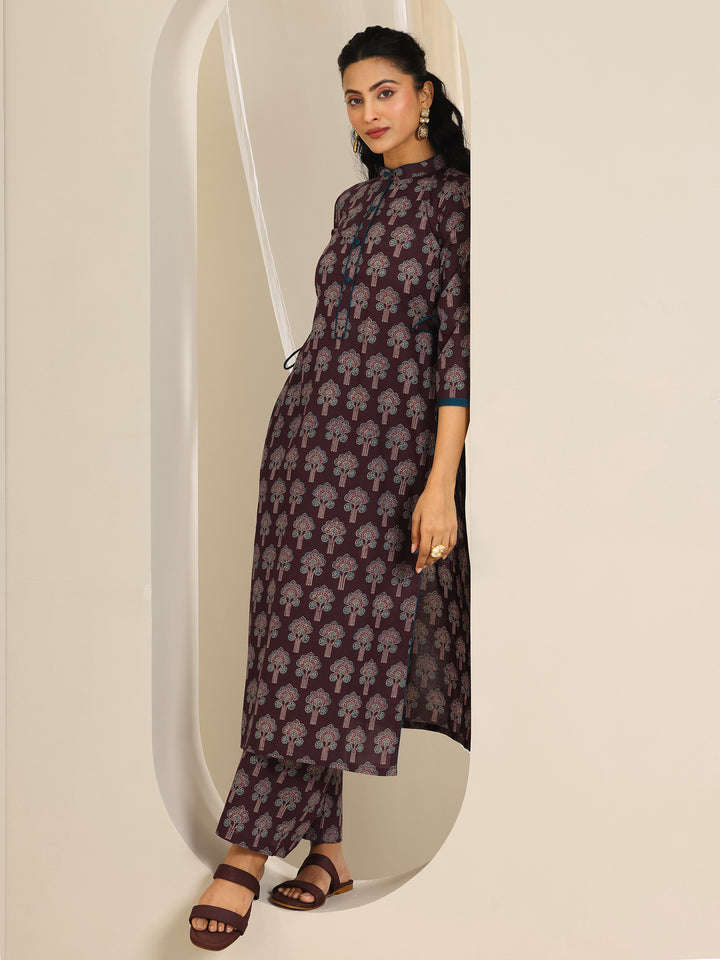Wine Printed Cotton Straight Kurta Set