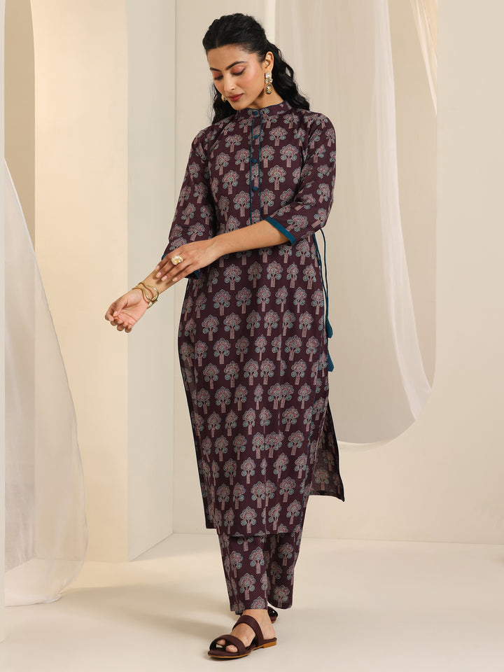 Wine Printed Cotton Straight Kurta Set