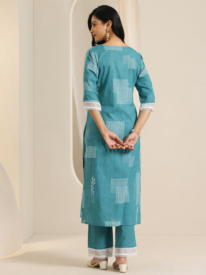 Blue Printed Cotton Straight Kurta Set