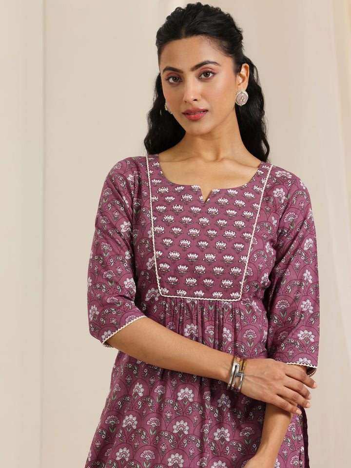 Mauve Printed Cotton Straight Suit Set With Dupatta