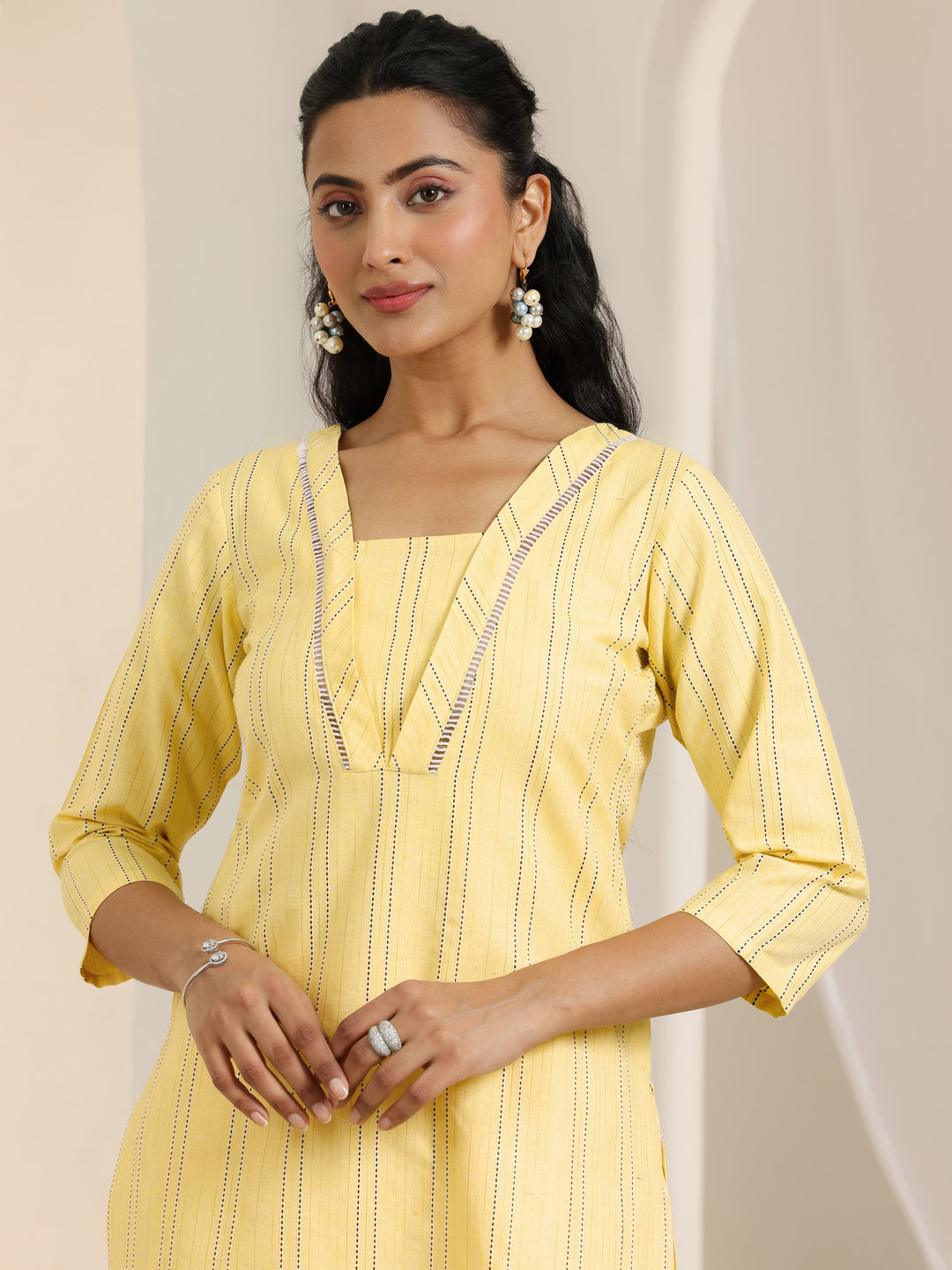 Yellow Woven Design Cotton Blend Straight Suit Set With Dupatta
