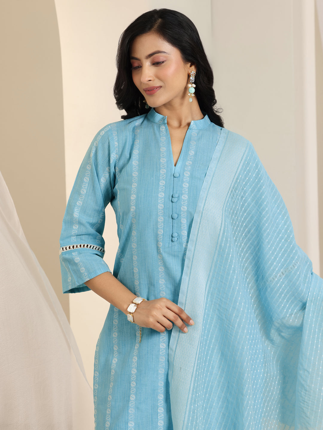 Blue Woven Design Cotton Blend Straight Suit Set With Dupatta