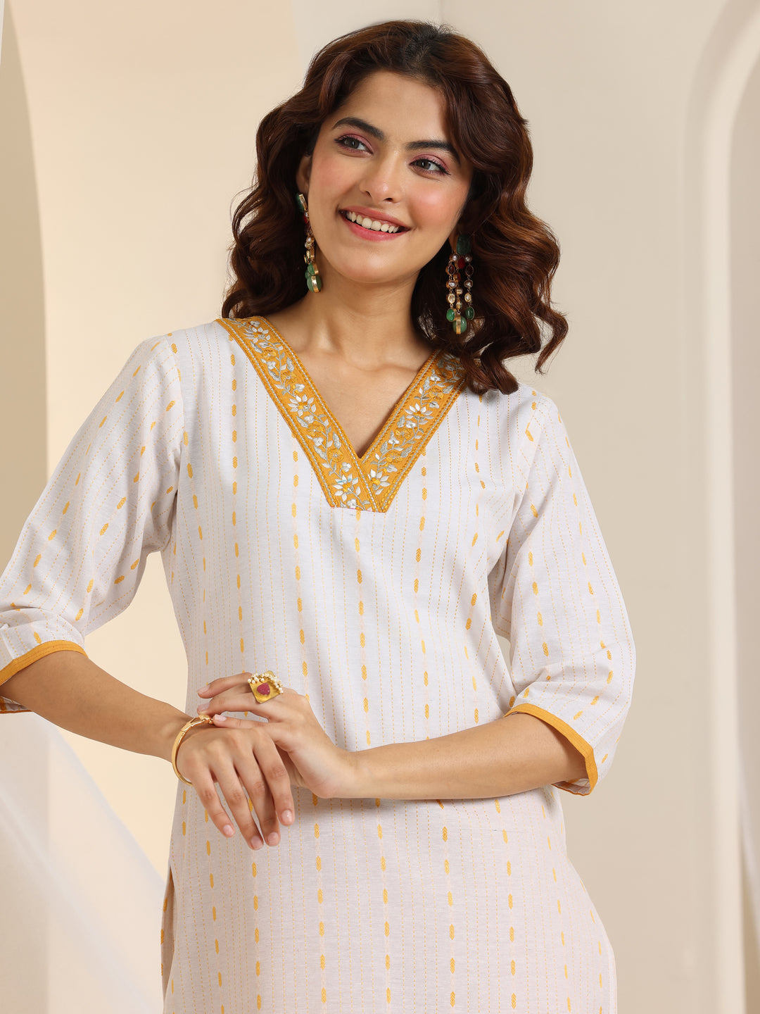 White Woven Design Cotton Blend Straight Suit Set With Dupatta