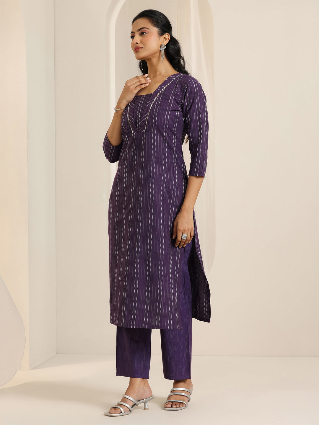 Wine Woven Design Cotton Blend Straight Suit Set With Dupatta