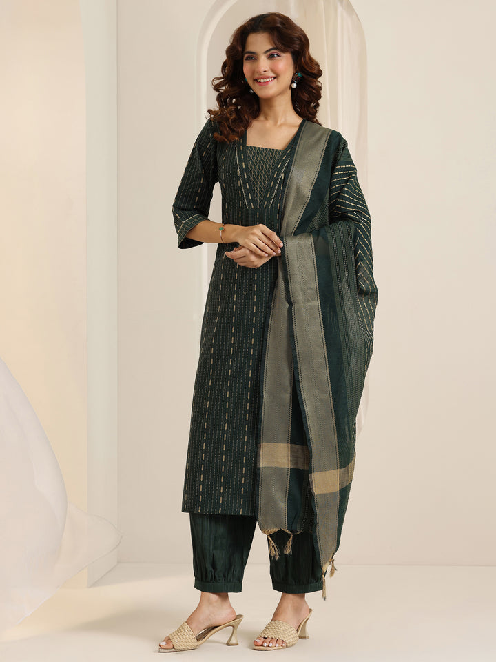 Green Woven Design Cotton Blend Straight Suit Set With Dupatta