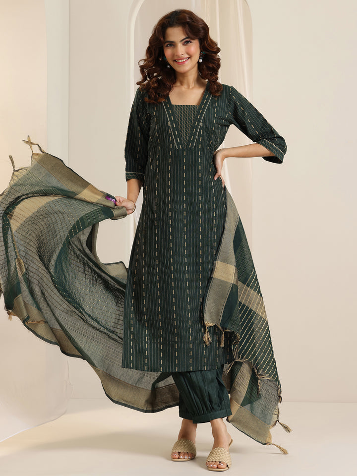 Green Woven Design Cotton Blend Straight Suit Set With Dupatta