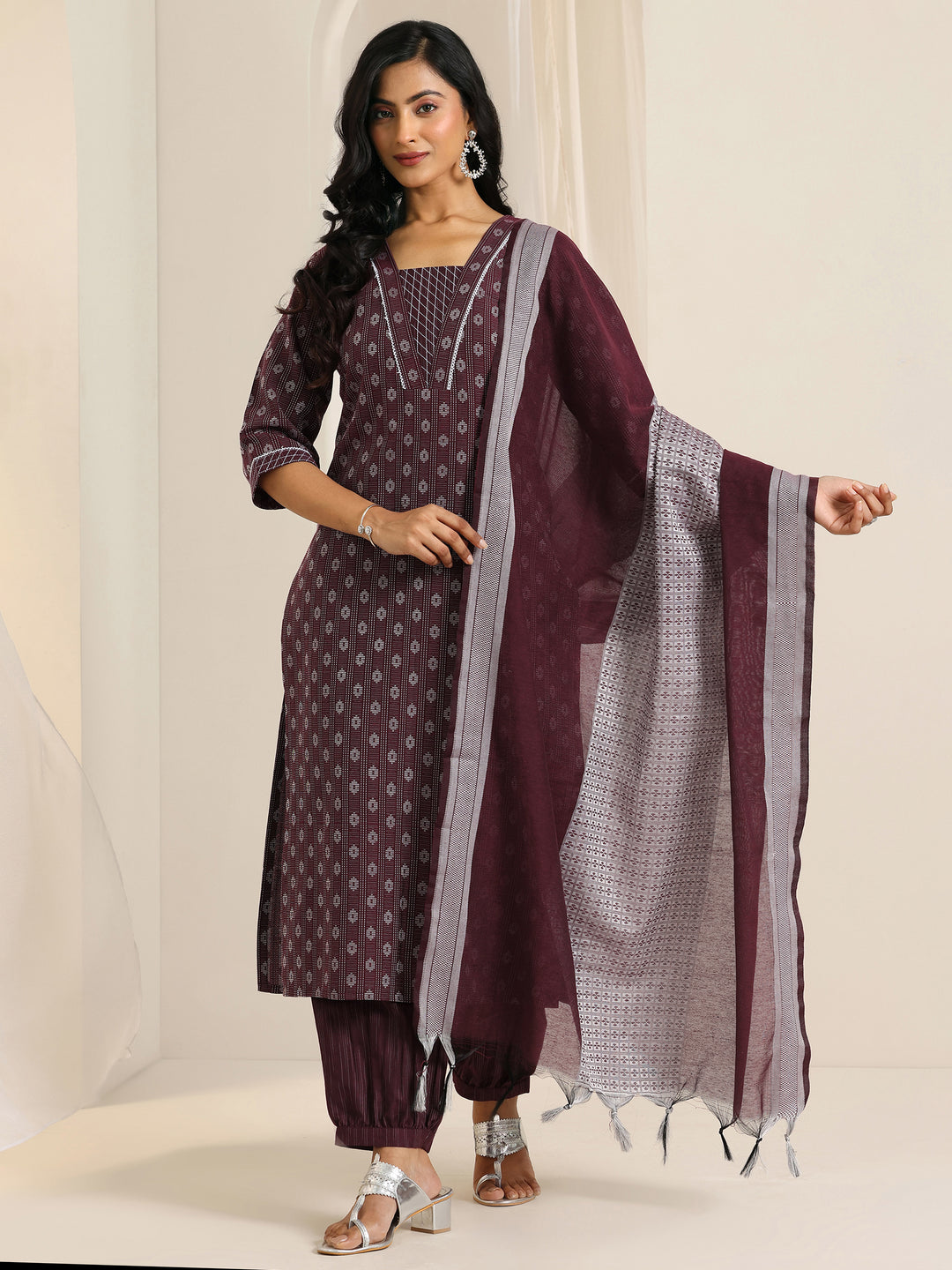 Maroon Woven Design Cotton Blend Straight Suit Set With Dupatta