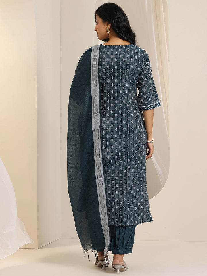 Teal Woven Design Cotton Blend Straight Suit Set With Dupatta