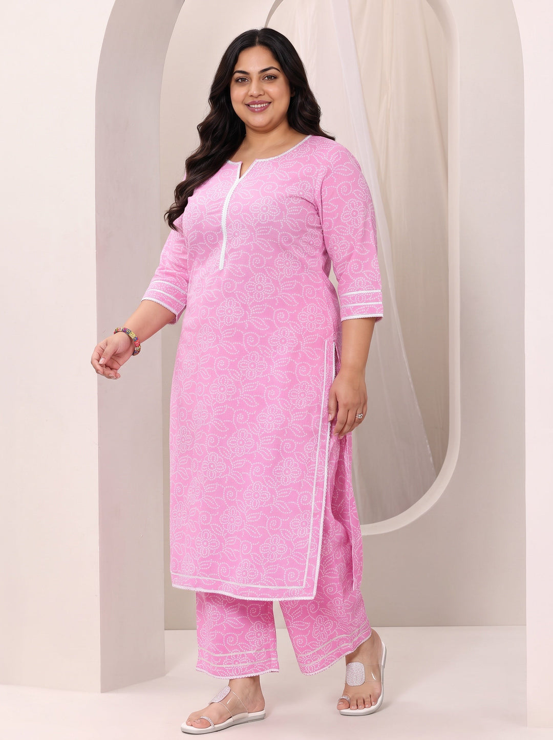 Plus Size Pink Printed Cotton Straight Suit Set With Dupatta
