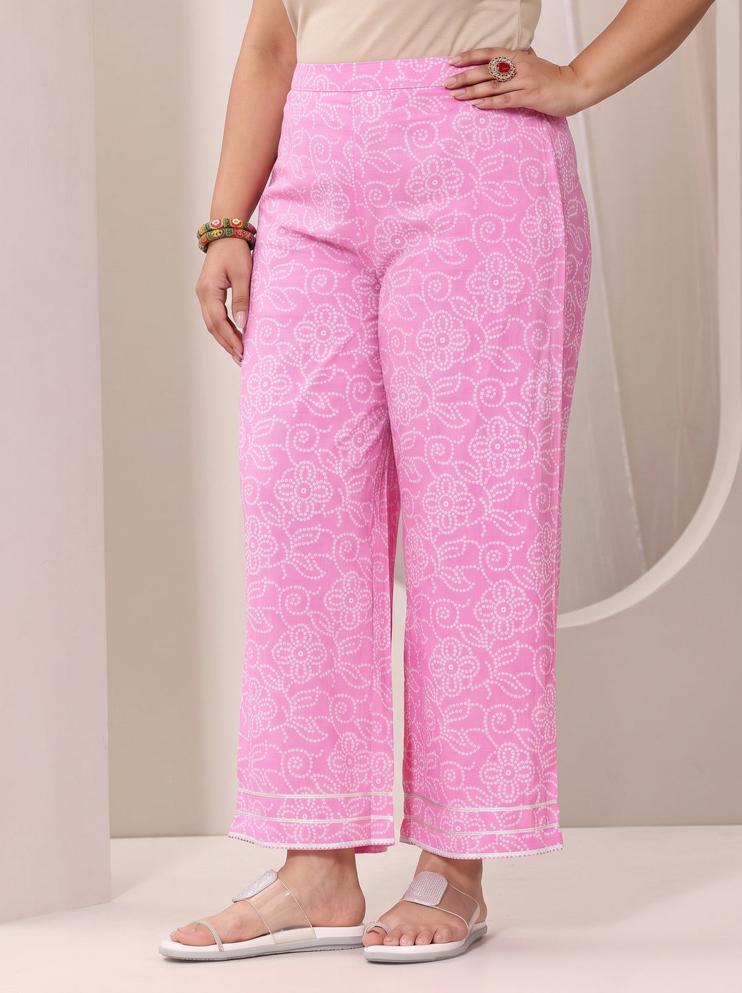 Plus Size Pink Printed Cotton Straight Suit Set With Dupatta