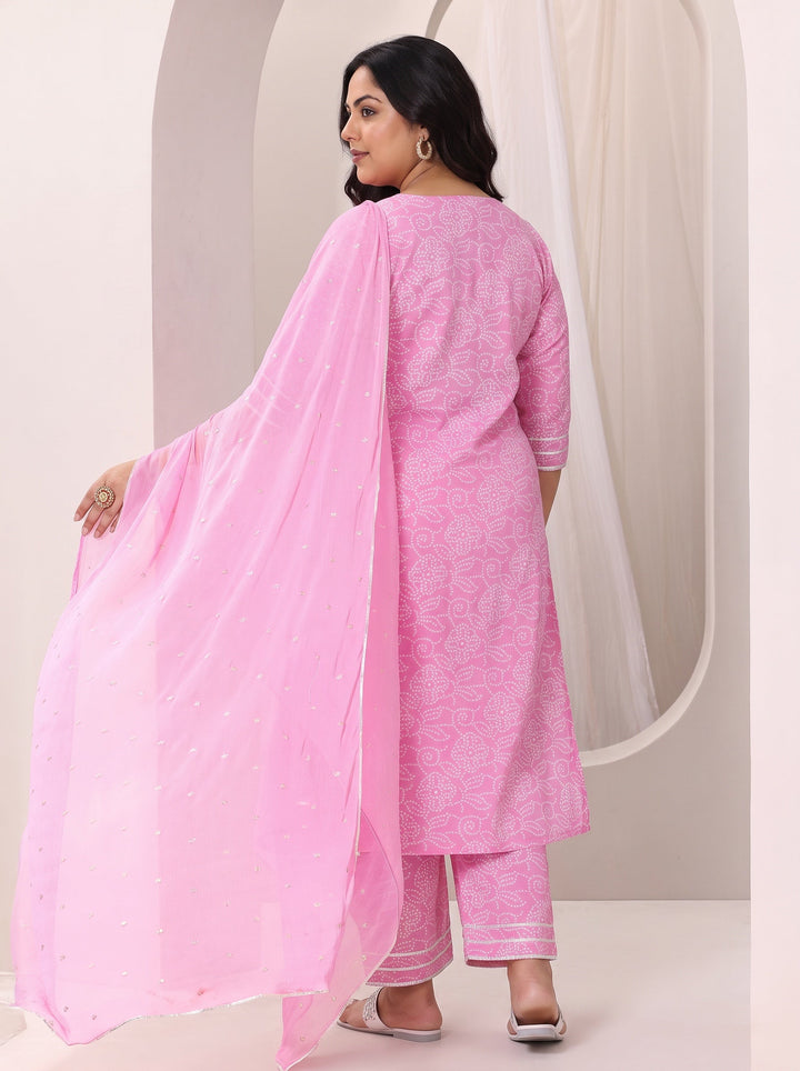Plus Size Pink Printed Cotton Straight Suit Set With Dupatta