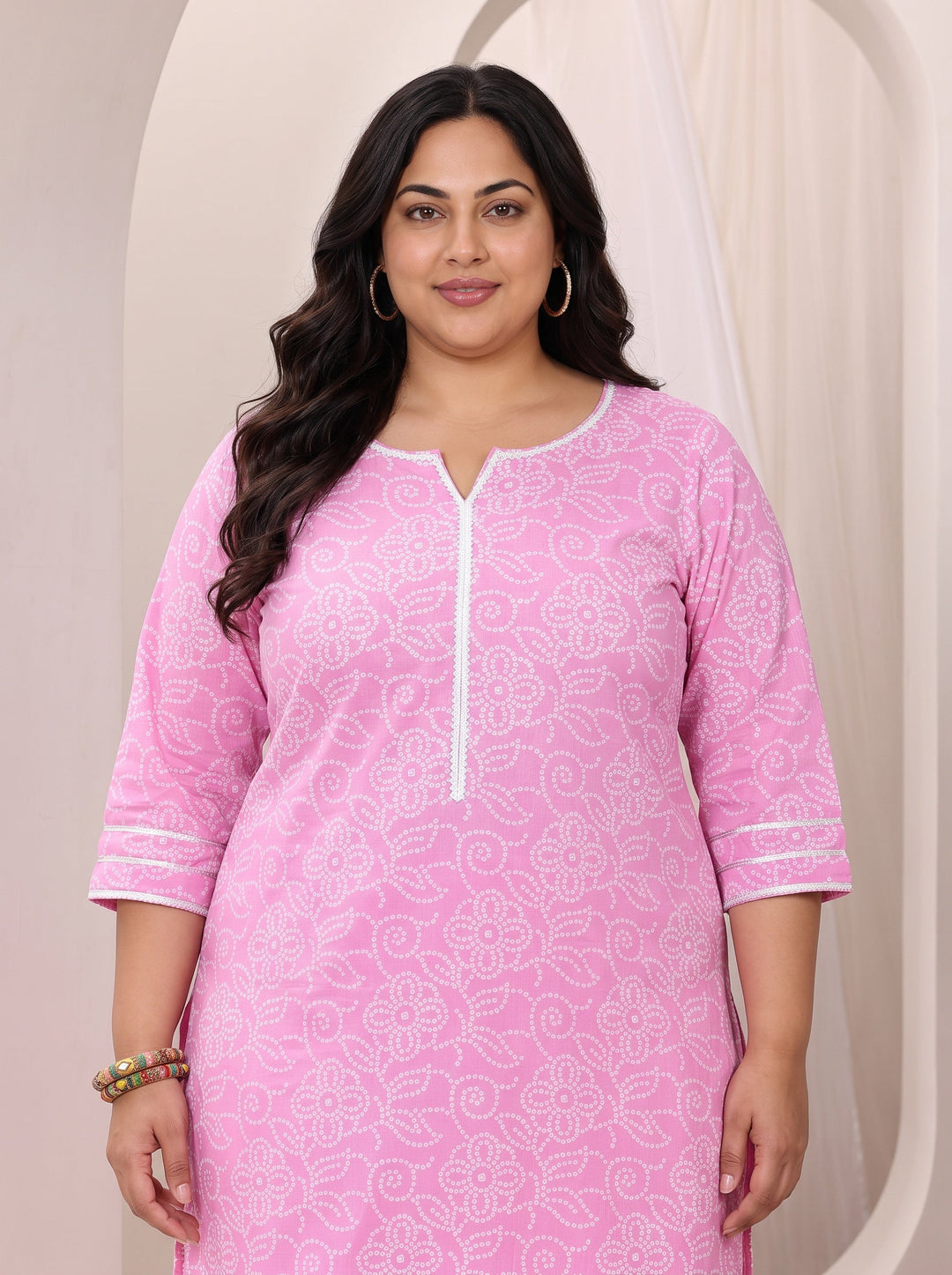 Plus Size Pink Printed Cotton Straight Suit Set With Dupatta
