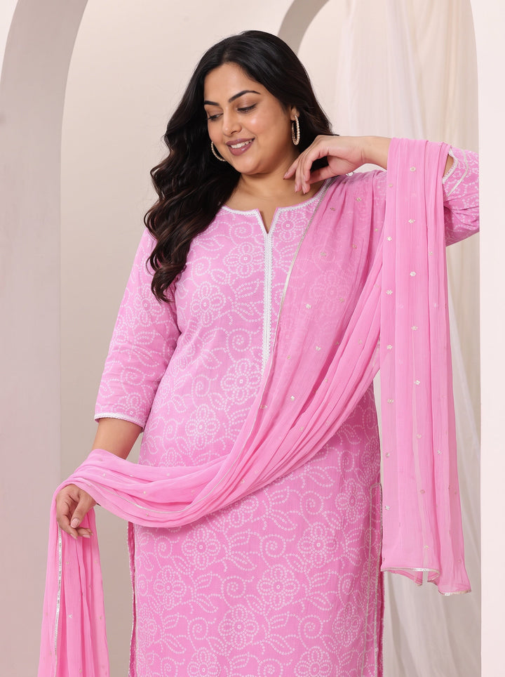 Plus Size Pink Printed Cotton Straight Suit Set With Dupatta