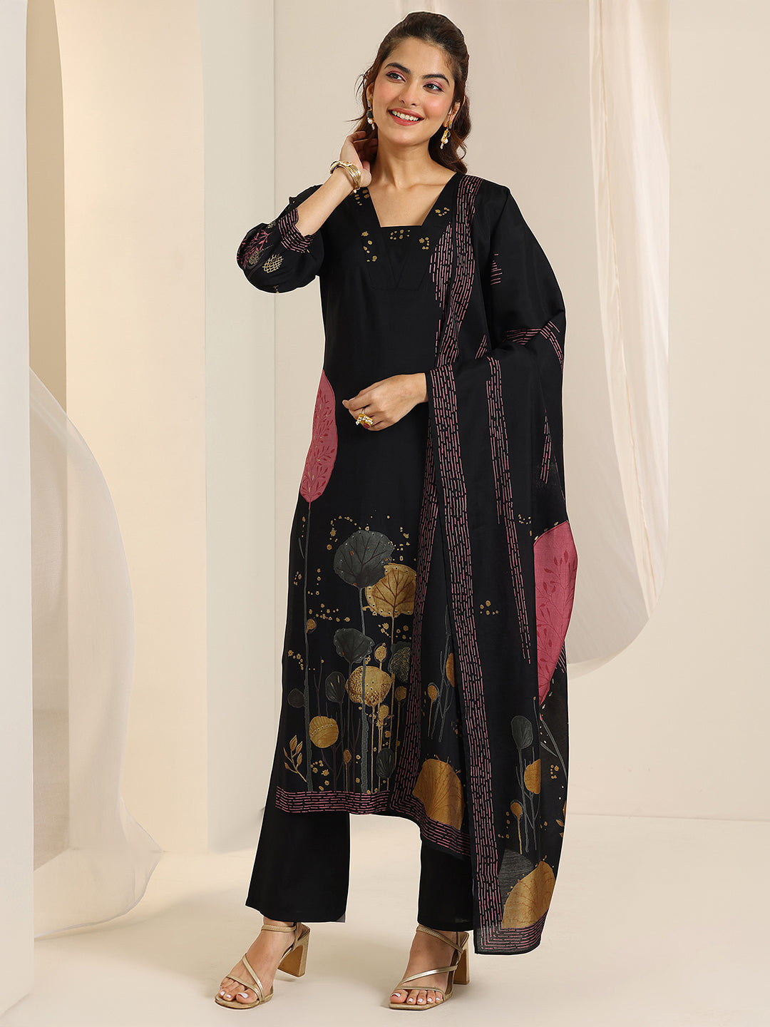 Black Printed Silk Blend Straight Suit Set With Dupatta
