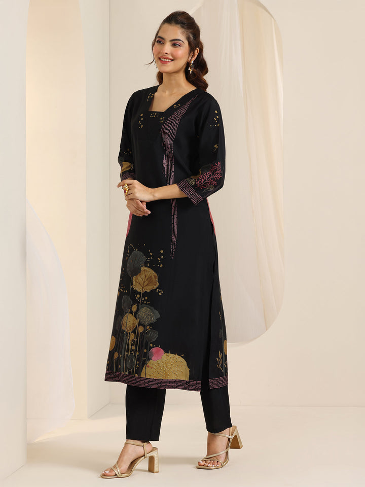 Libas Black Printed Silk Blend Straight Suit Set With Dupatta