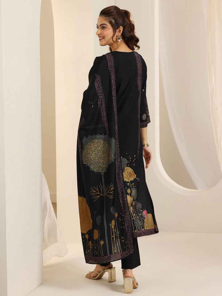 Libas Black Printed Silk Blend Straight Suit Set With Dupatta