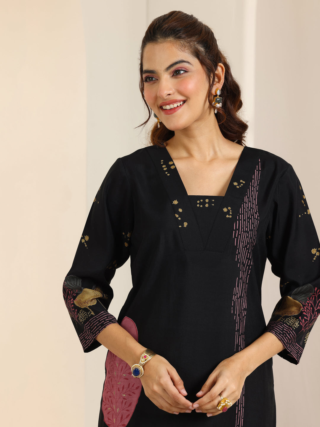Libas Black Printed Silk Blend Straight Suit Set With Dupatta