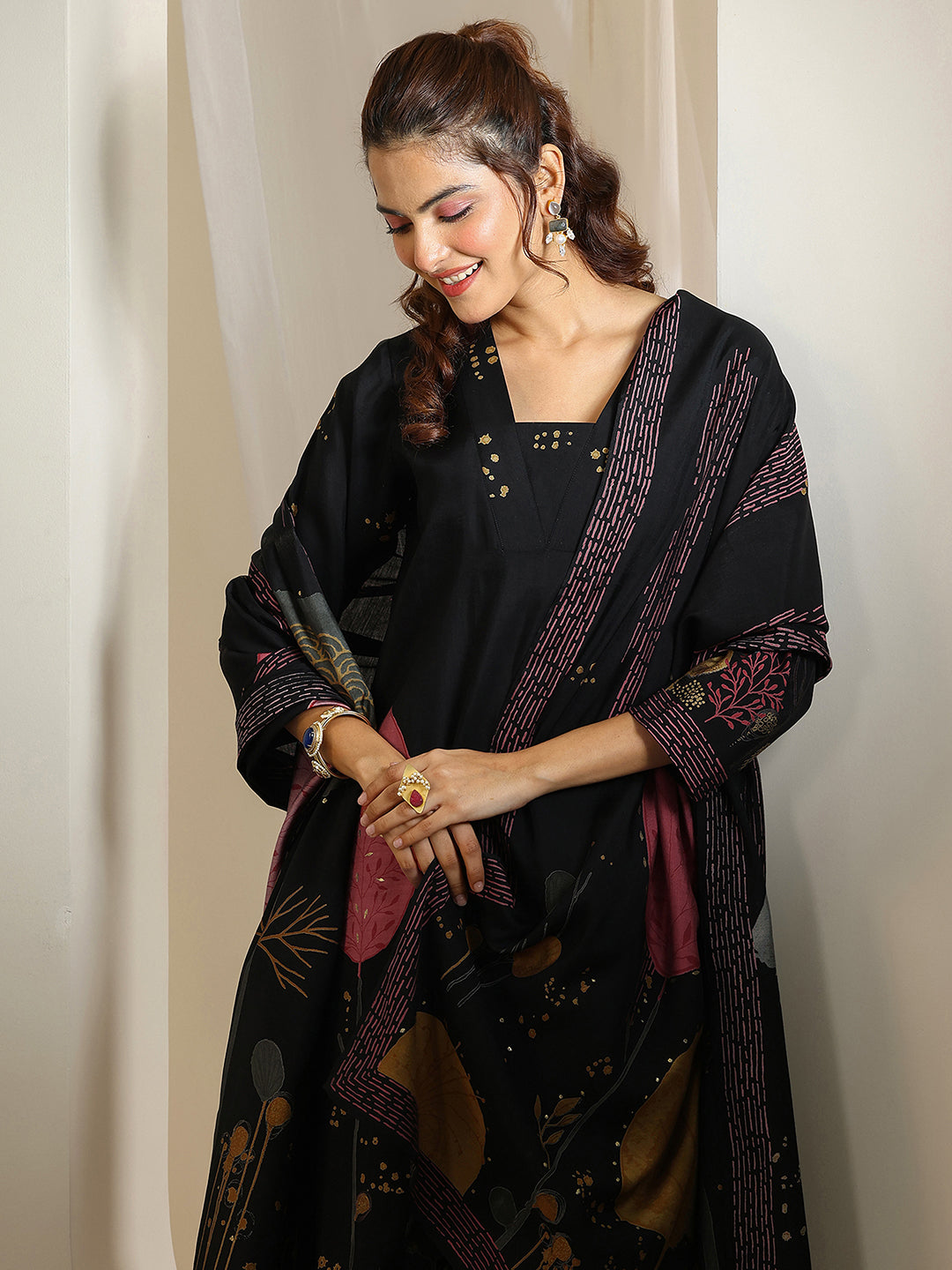 Black Printed Silk Blend Straight Suit Set With Dupatta