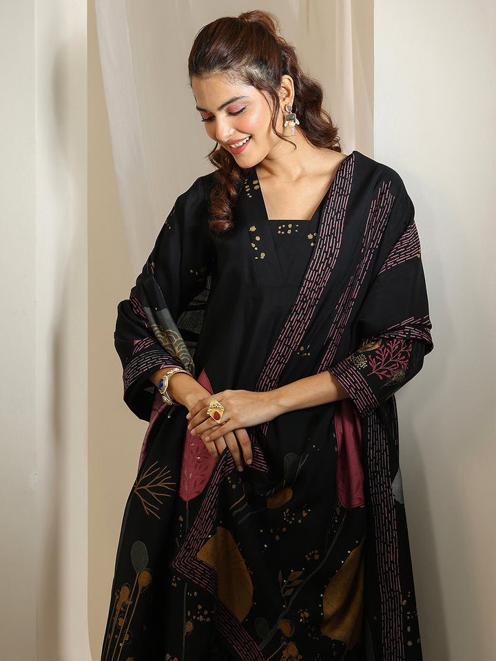 Black Printed Silk Blend Straight Suit Set With Dupatta