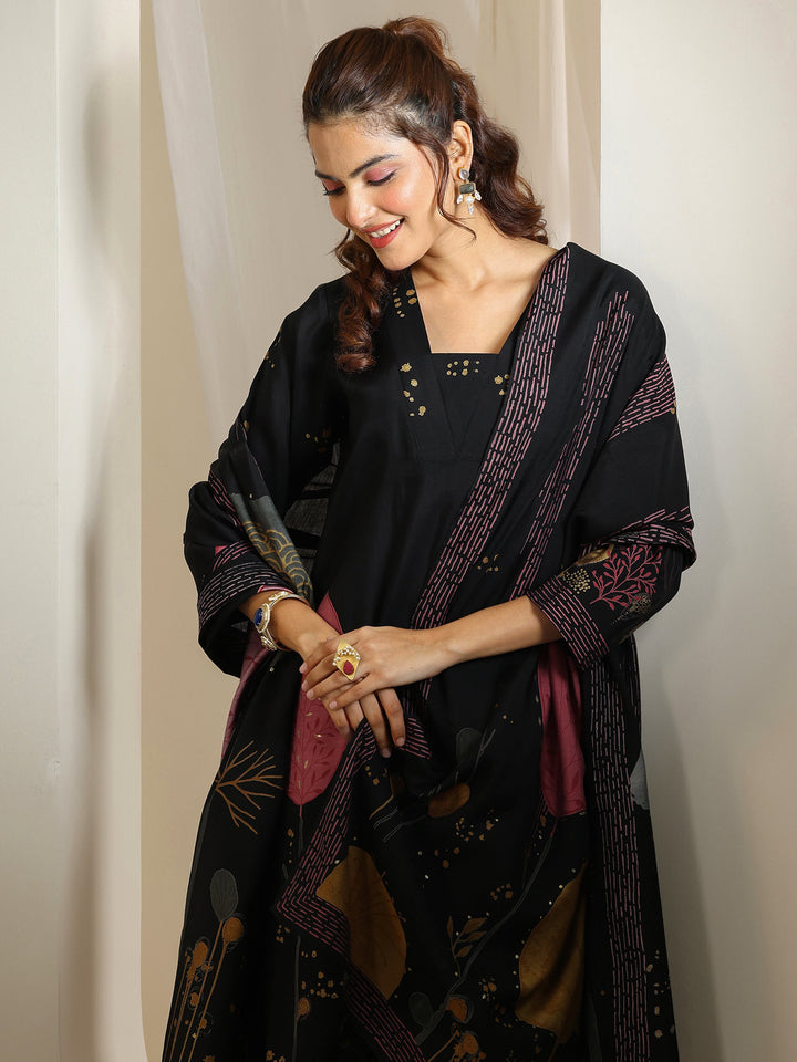 Libas Black Printed Silk Blend Straight Suit Set With Dupatta